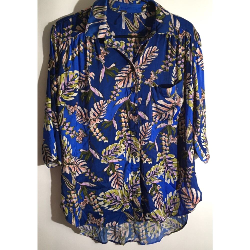 Free People Under The Palms Women's Size XS Blue Palms Floral Button Up Blouse